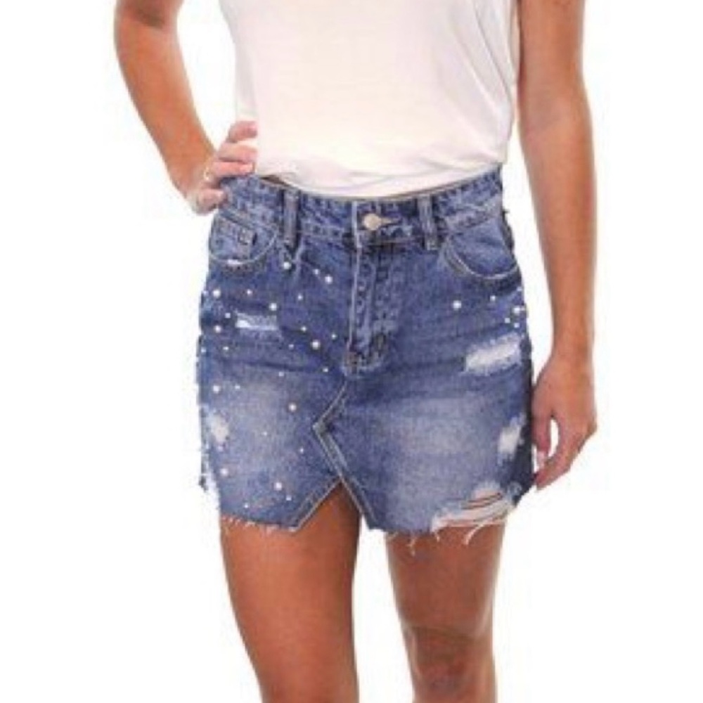 Angel Kiss Mini Denim Skirt Distressed Pearl Embellished XL 100% Cotton